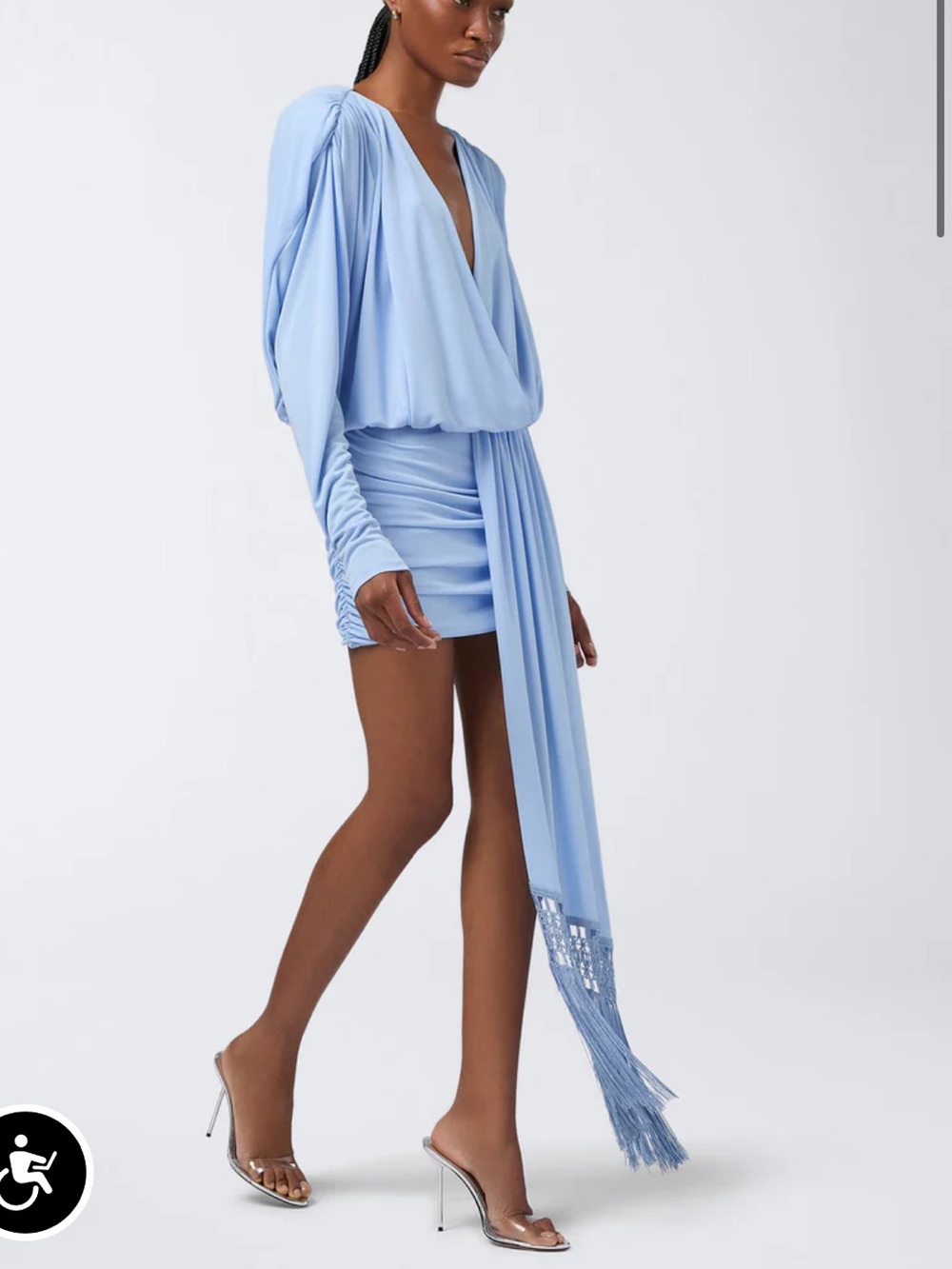 The Andamane Dalia Draped Fringe Blue Mini Dress in Cielo
